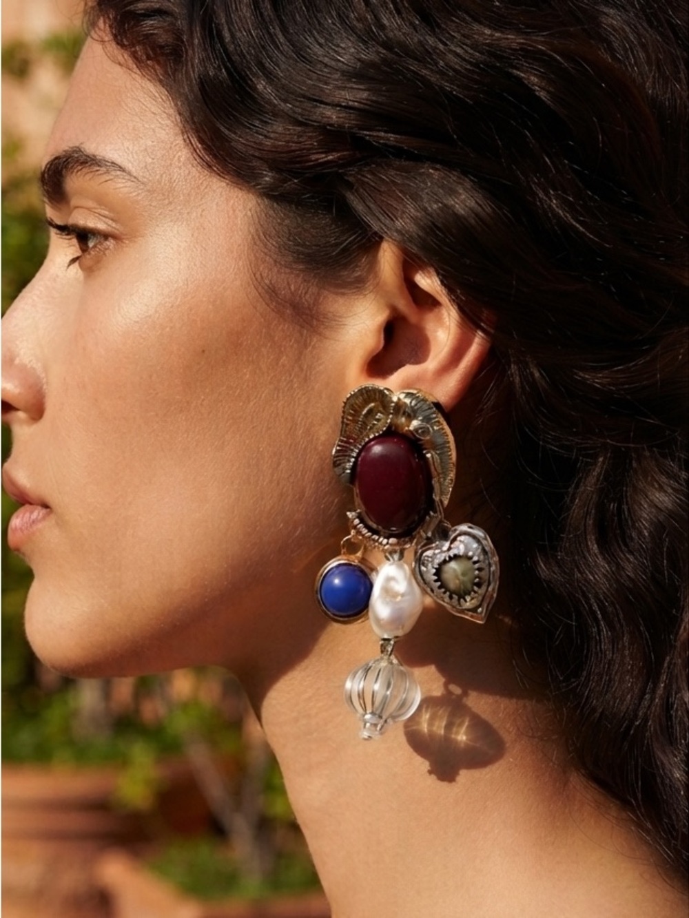 Statement Mixed-Media Drop Earrings in Burgundy, Blue & Pearl